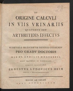 De Origine Calculi in Viis Urinariis Quatenus Est Arthritidis Effectus