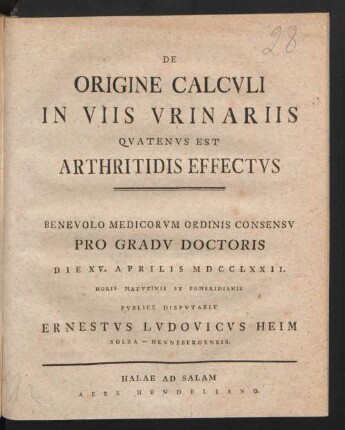 De Origine Calculi in Viis Urinariis Quatenus Est Arthritidis Effectus