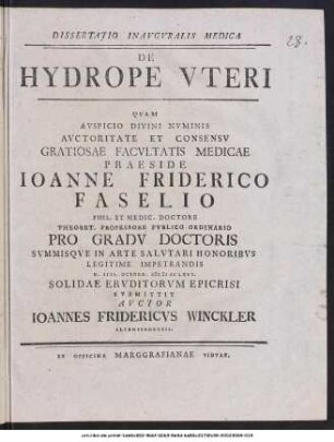 Dissertatio Inauguralis Medica De Hydrope Uteri
