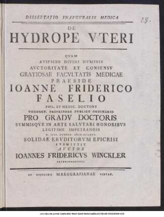 Dissertatio Inauguralis Medica De Hydrope Uteri