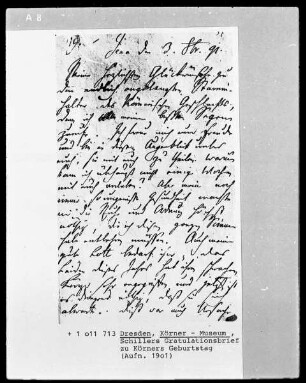 Schillers Glückwunsch an Christian Gottfried Körner in Dresden zu der am 23. 09. 1791 erfolgten Geburt von dessen Sohn Theodor
