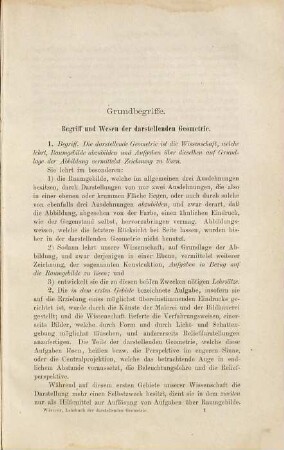 Lehrbuch der darstellenden Geometrie : in zwei Bänden, 1. Geschichte der darstellenden Geometrie, ebenflächige Gebilde, krumme Linien (erster Teil), projektive Geometrie