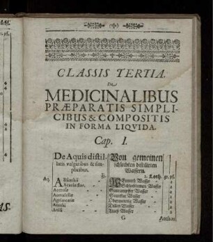 Classis Tertia. De Medicinalibus Praeparatis Simplicibus & Compositis In Forma Liquida