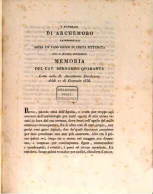 I funerali di Archemoro rappresentati sopra un vaso greco di Creta pitturata del R. Museo Borbonico : Memoria, letta nella R. Acad. Ercolanese, 11 Gennajo 1838