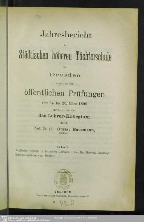 1895/96: Jahresbericht der Städtischen Höheren Töchterschule in Dresden : über das Schuljahr ... und Einladung zu den öffentlichen Prüfungen am ...