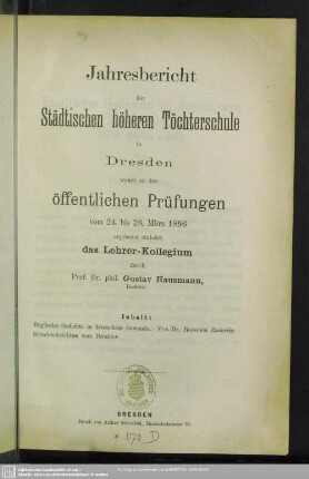 1895/96: Jahresbericht der Städtischen Höheren Töchterschule in Dresden : über das Schuljahr ... und Einladung zu den öffentlichen Prüfungen am ...