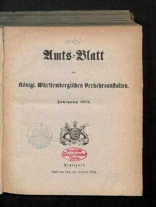1875: Amtsblatt der Württembergischen Verkehrsanstalten