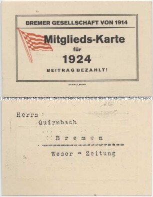 Mitgliedsausweis des Clubs „Bremer Gesellschaft von 1914" für einen Journalisten der Weser-Zeitung