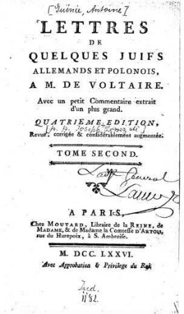 In: Lettres de quelques Juifs portugais, allemands et polonais, à M. de Voltaire ; Band 2
