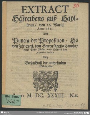 Extract Schreibens auß Haylbrun, von 22. Martii Anno 1633 ...