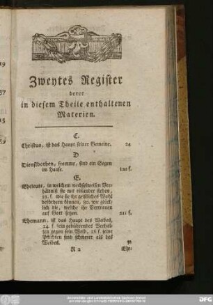 Zweytes Register derer in diesem Theile enthaltenen Materien.
