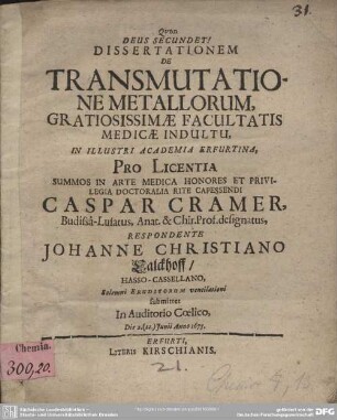 Dissertationem de transmutatione metallorum