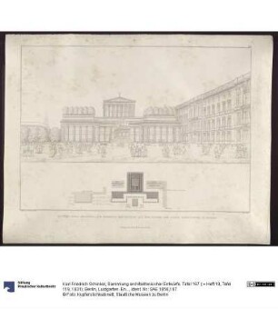 Sammlung architektonischer Entwürfe. Tafel 167 ( = Heft 19, Tafel 119, 1831): Berlin, Lustgarten. Entwurf für ein Friedrichsdenkmal. Halle und Ehrentempel