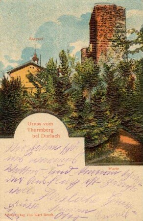 Postkartenalbum mit Motiven von Durlach. "Gruss vom Thurmberg bei Durlach; Burghof; Warte"