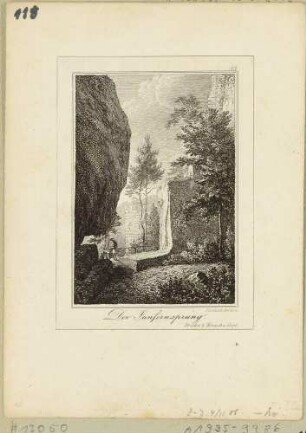 Der Jungfernsprung, eine sagenhafte Felskluft bei den Ruinen auf dem Berg Oybin im Zittauer Gebirge, aus Carl Peschecks "Oybin bei Zittau in 12 Ansichten ..." (erweiterte Auflage?)