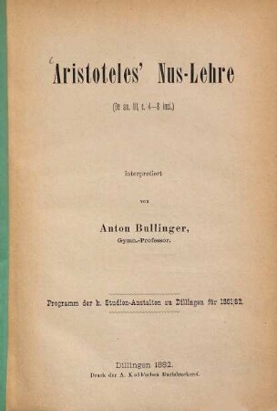 Aristoteles' Nus-Lehre : De an. III, c. 4 - 8 incl.
