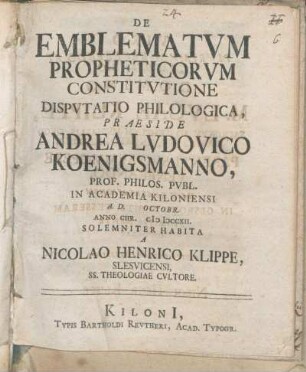 De Emblematvm Propheticorvm Constitvtione Dispvtatio Philologica