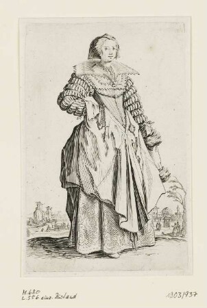 Edeldame mit großem Kragen, die Rechte in die Seite gestützt, Blatt 8 der Folge "Trachten des Lothringischen Adels"