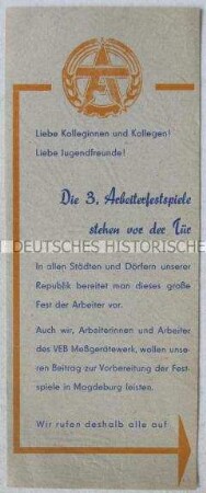 Handzettel mit dem Aufruf zur Anfertigung von künstlerischen Arbeiten für die 3. Arbeiterfestspiele