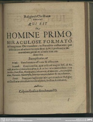 Religionis Chrstianae Articulus: Qui est De Homine Primo