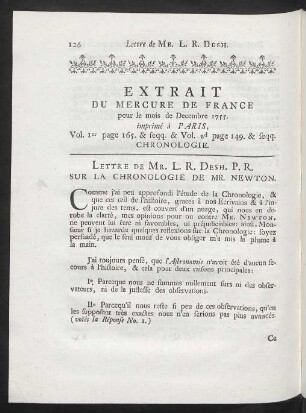 Extrait Du Mercure De France pour le mois de Decembre 1755. imprimé à Paris, ... Chronologie.