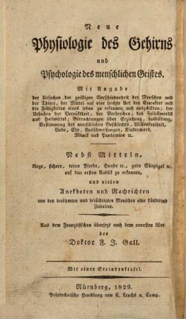 Vollständige Geisteskunde oder auf Erfahrung gestüzte Darstellung der geistigen und moralischen Fähigkeiten und ihrer körperlichen Bedingungen : ein unentbehrliches handbuch für Erzieher, Aerzte Rechtsgelehrte ... die Menschenkenntniß nötig haben ; freie Übersetzung der sechs Bände von Gall's Organologie