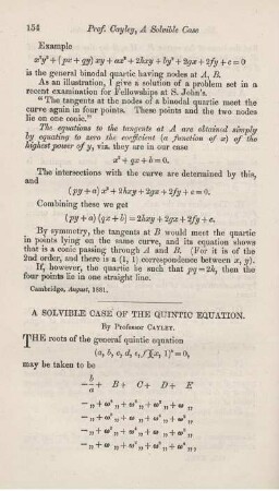 A solvible case of the quintic equation.