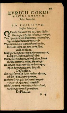Euricii Cordi Epigrammatum Liber Secundus.