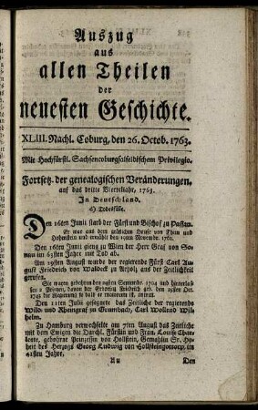 XLIII. Nachl. Coburg, den 26. October, 1763.