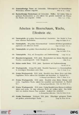 Arbeiten in Meerschaum, Wachs, Elfenbein (Nr. 483-499)