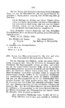 Form der Abgangszeugnisse für die auf eine Civillehranstalt übergehenden Cadetten : [II. Gymnasien und Realschulen]