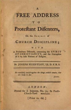 A free address to Protestant Dissenters, on the subject of Church disciplin