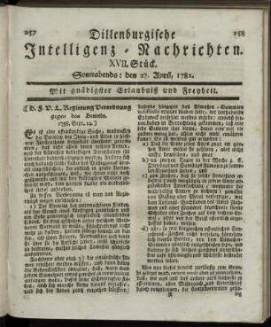 XVII. Stück. Sonnabends : den 27. April, 1782.
