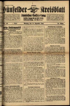 Erste Ausgabe vom Montag, den 16. Dezember 1940.