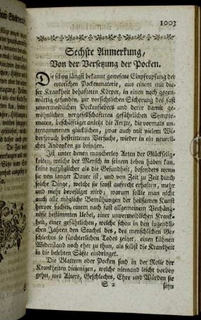 Sechste Anmerkung, Von der Versetzung der Pocken.