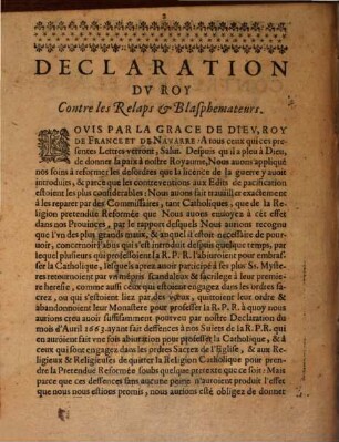 Declaration du Roy contre les Relaps et Blasphematens