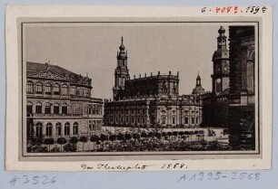 Der Theaterplatz in Dresden nach Nordosten, mit der Katholischen Hofkirche, dem Residenzschloss und dem Zwinger