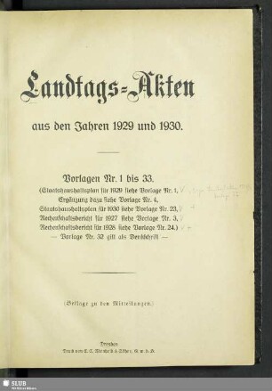 4.1929/30,1/33: Landtags-Akten / Vorlagen