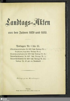 4.1929/30,1/33: Landtags-Akten / Vorlagen