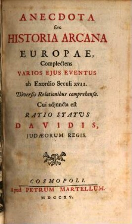 Anecdota sive historia arcana Europae