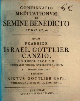 Continvatio Meditationvm De Semine Benedicto Ex Gal. III, 16.