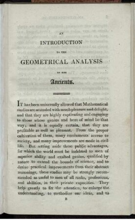 Introduction to the Geometrical Analysis of the Ancients.