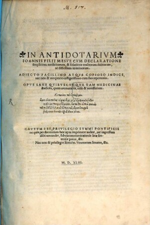 In Antidotarium Joannis filii Mesue censura : cum declaratione simplicium medicinarum, ...