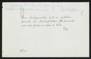 Brief von Gerhart Hauptmann an Friedrich Bergius
