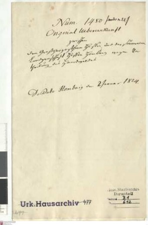 Landgraf Friedrich VI. Joseph von Hessen-Homburg ratifiziert den am 2. Januar 1824 zwischen dem Großherzogtum Hessen und der Landgrafschaft Hessen...
