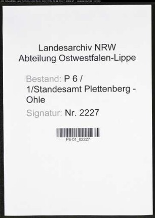 Heiratsregister Standesamt Plettenberg-Ohle
