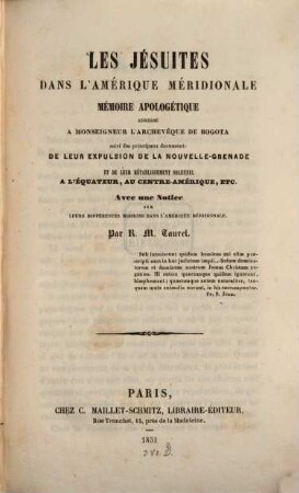 Les Jesuites dans l'Amérique méridionale Mémoire apologétique