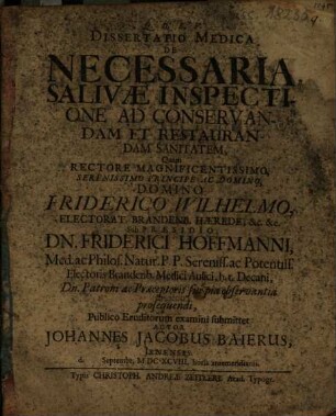 Dissertatio Medica De Necessaria Salivae Inspectione Ad Conservandam Et Restaurandam Sanitatem