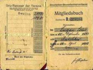 Mitgliedsbuch der Deutschen Bauarbeiterverbandes