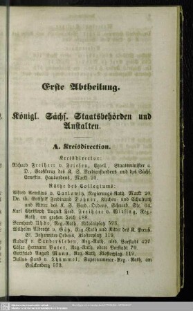 Erste Abtheilung. Behördenverzeichnis : Erste Abtheilung. Königl. Sächs. Staatsbehörden und Anstalten